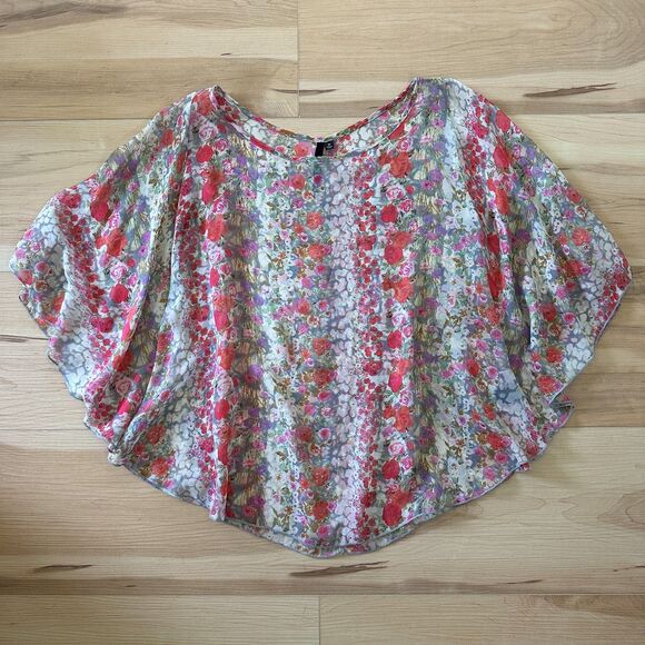 Bellatrix Womens 100% Silk Floral Poncho Top Blouse Sheer Roses Boho Size Medium - Picture 1 of 5